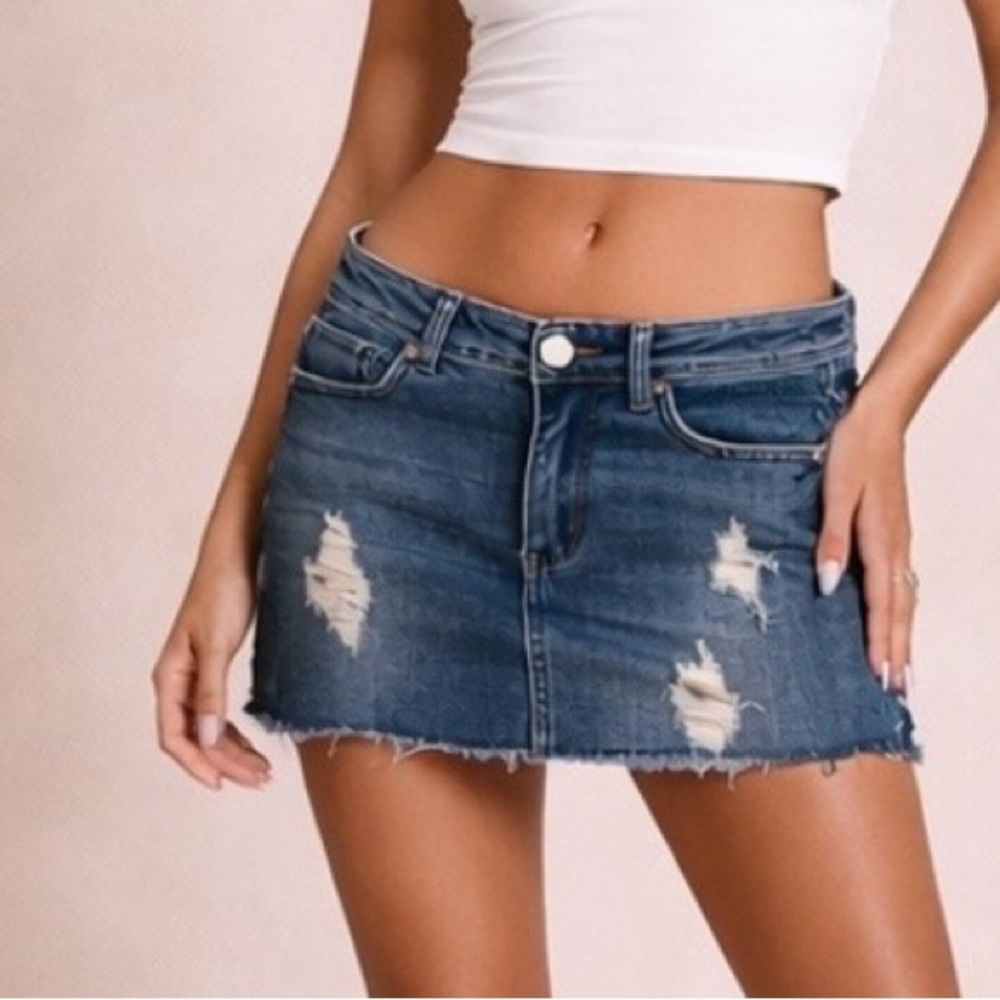 Y2K Parasuco Denim Micro Mini Skirt Low Rise Distressed Indigo NWT Sz 26